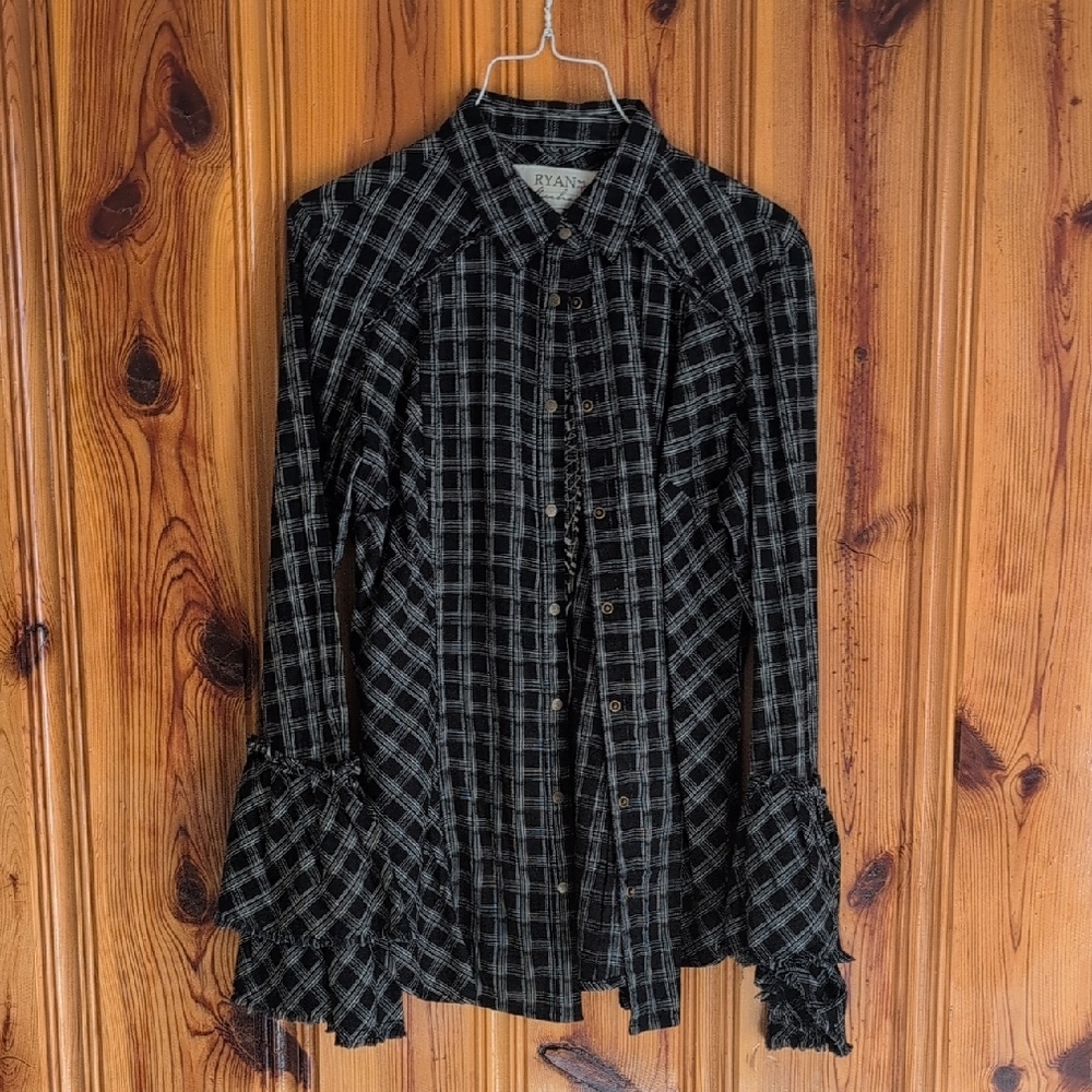 Plaid Button-Up Shirt with Flared Sleeves